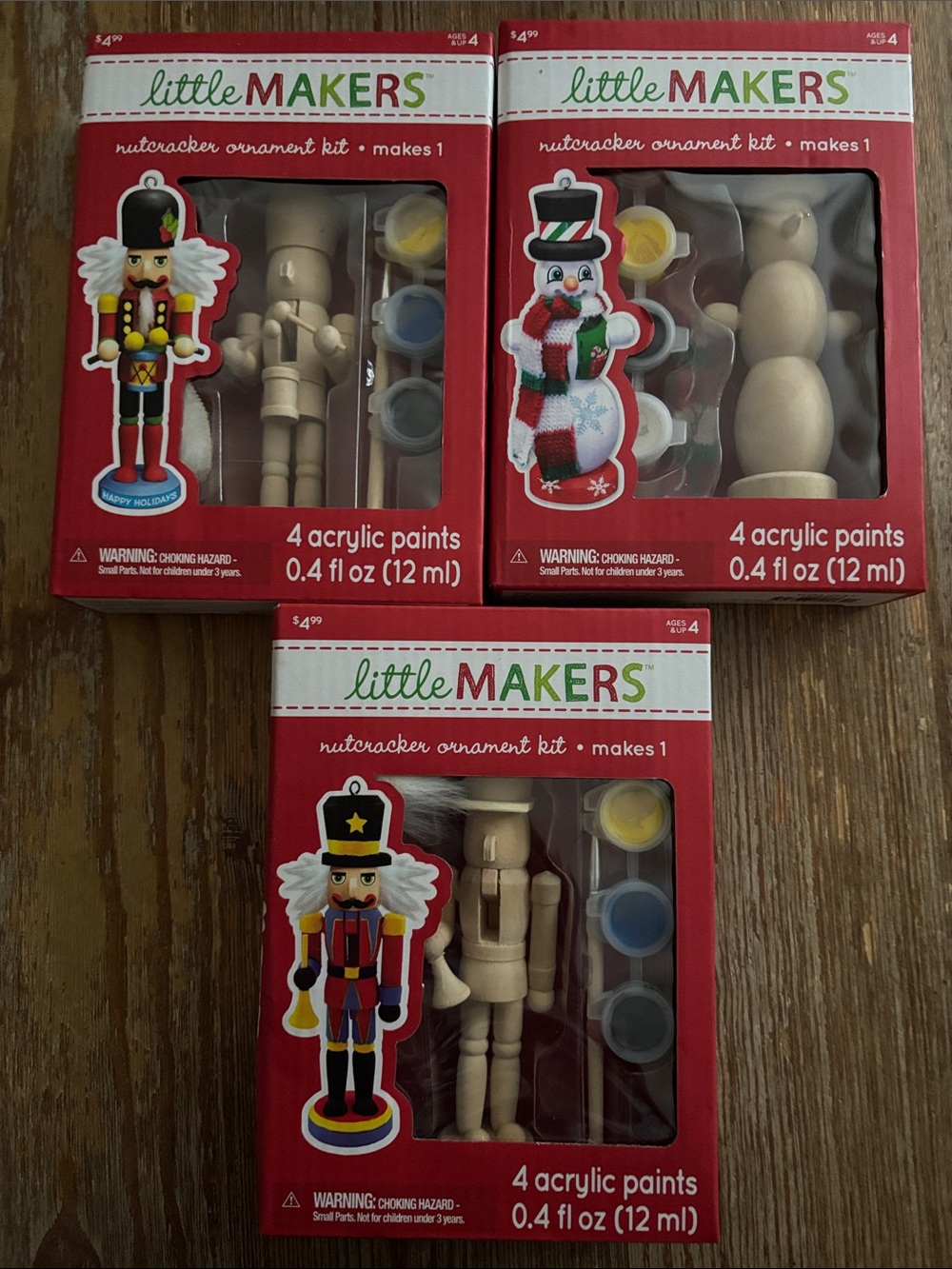 Nutcracker Ornament Kit - Natural Wood with 4 Acrylic Paints - Set of 3